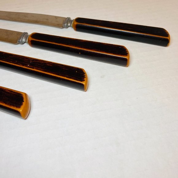 Set of 6 Vintage Bakelite Knives 1960s Faux Wood Handles - Picture 5 of 7